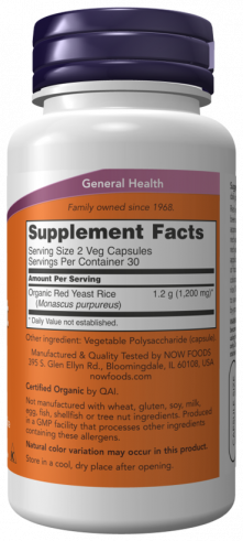 NOW Red Yeast Rice 600 mg, Красный дрожжевой рис 600 мг, 60 капсул